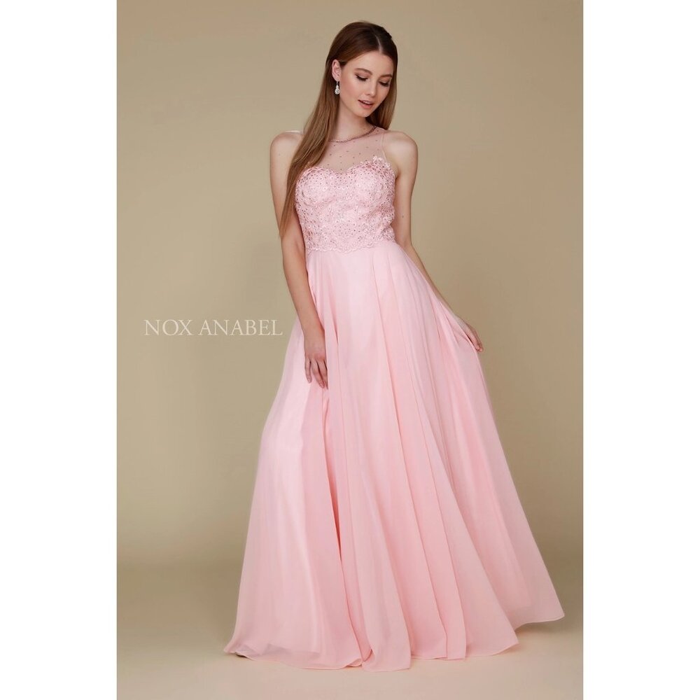Nox Anabel Y009 Jeweled Lace Bodice Chiffon A-Line Evening Gown Event dress S, L